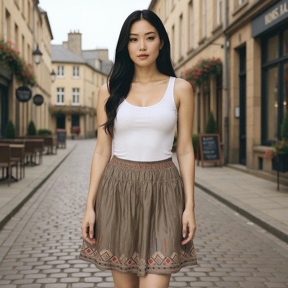 Old Navy khaki 100% COTTON boho spribg summer embroidered hem skirt. SZ-small - Picture 1 of 8